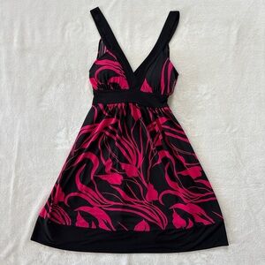 Y2K Forever 21 Small Pink and Black Floral Tie Back V Neck Midi Dress